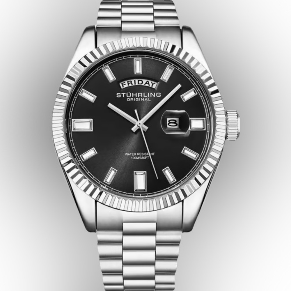 New Mens Statesman 4070 Stührling Original Silver Watch with Black Face